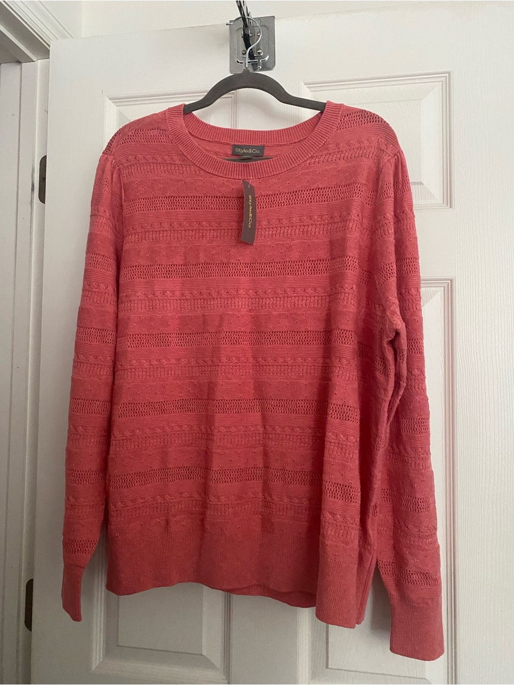 NWT. Style & Co. Coral/ Strawberry Openwork Crewneck Sweater- 3X